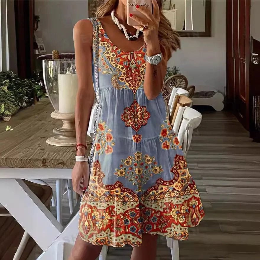 LM | 2024 New European and American summer printed sleeveless v-neck vest dress fashion vacation printed dress for women