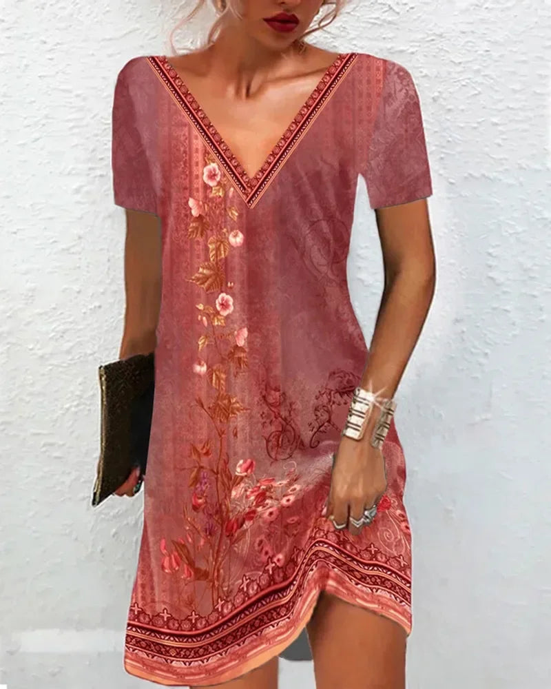 LM | 2024 Women Summer Dress Boho V-Neck Short Sleeve Vintage Print Floral Dress Female Casual Holiday Beach Loose Dresses Vestidos