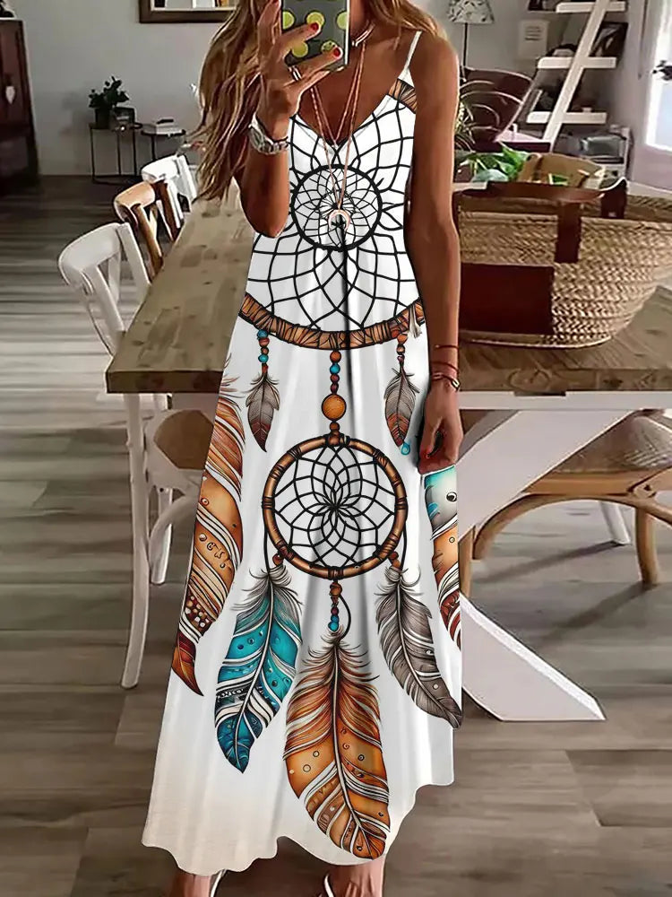 LM | 2024 New 3D Owl Vintage Print Sleeveless Vest Long Women Tribal Pattern Spaghetti Strap Dress Summer Long Loose Vest Dresses