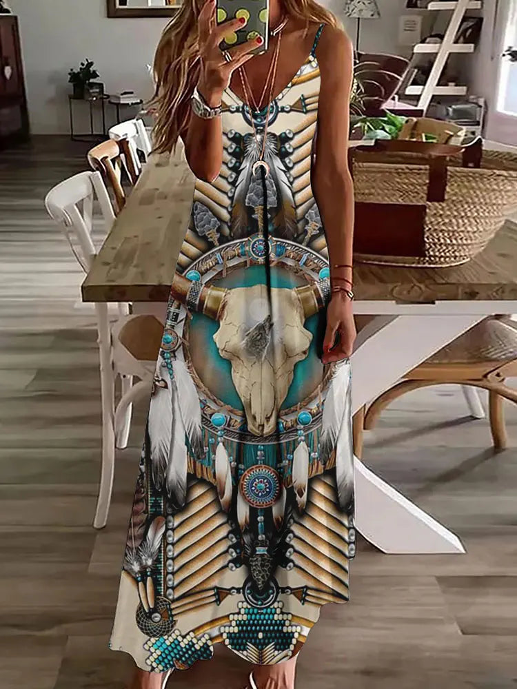 LM | 2024 New 3D Owl Vintage Print Sleeveless Vest Long Women Tribal Pattern Spaghetti Strap Dress Summer Long Loose Vest Dresses