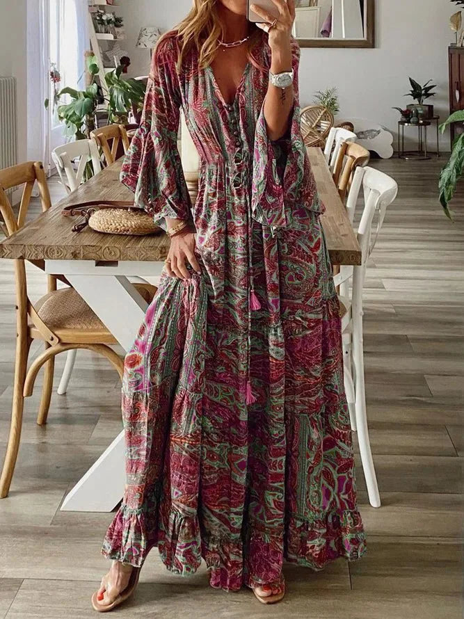 LM | 2023Cross border bohemian style flared sleeves printed v-neck high waisted vacation dress with floral floral dress for women