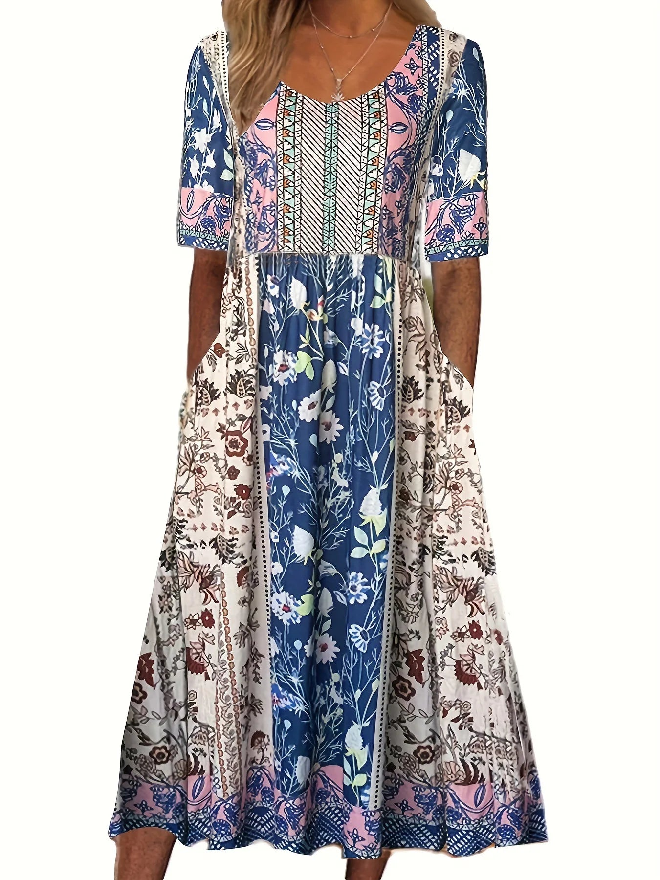 LM | 2024 Europe and the United States summer new women round neck short sleeves long skirt bohemian print dress women