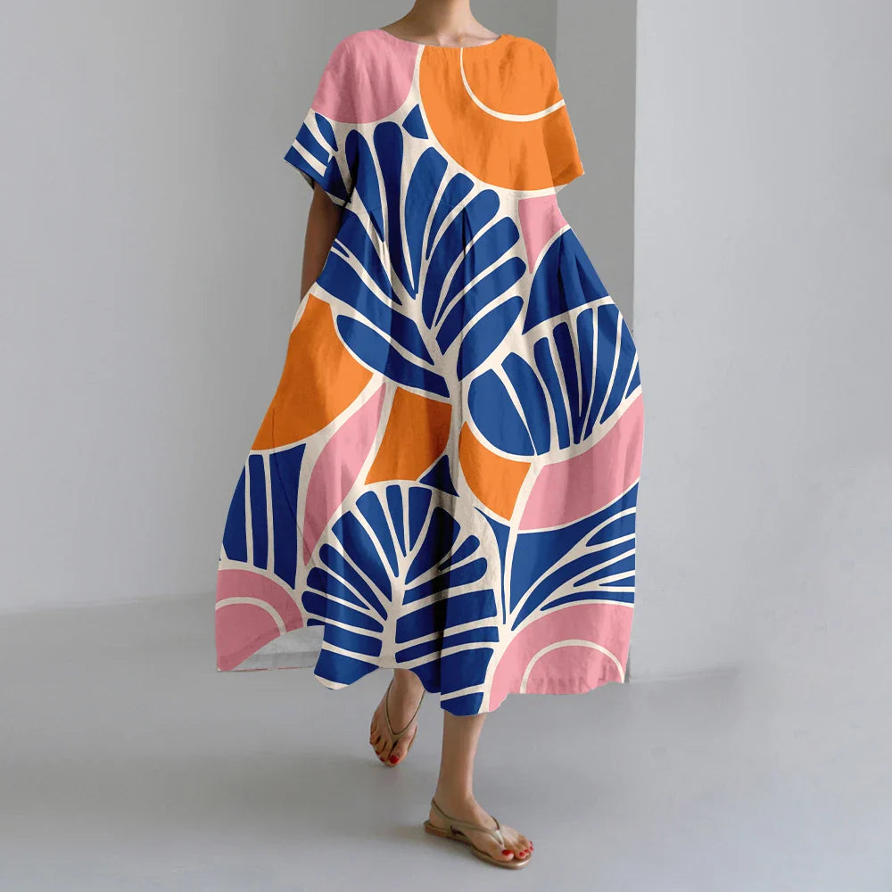 LD | New Summer Women's Dresses Elegant Round Neck Short Sleeves Long Pink Dotted Irregular Printed Comfortable Midi Dresses
