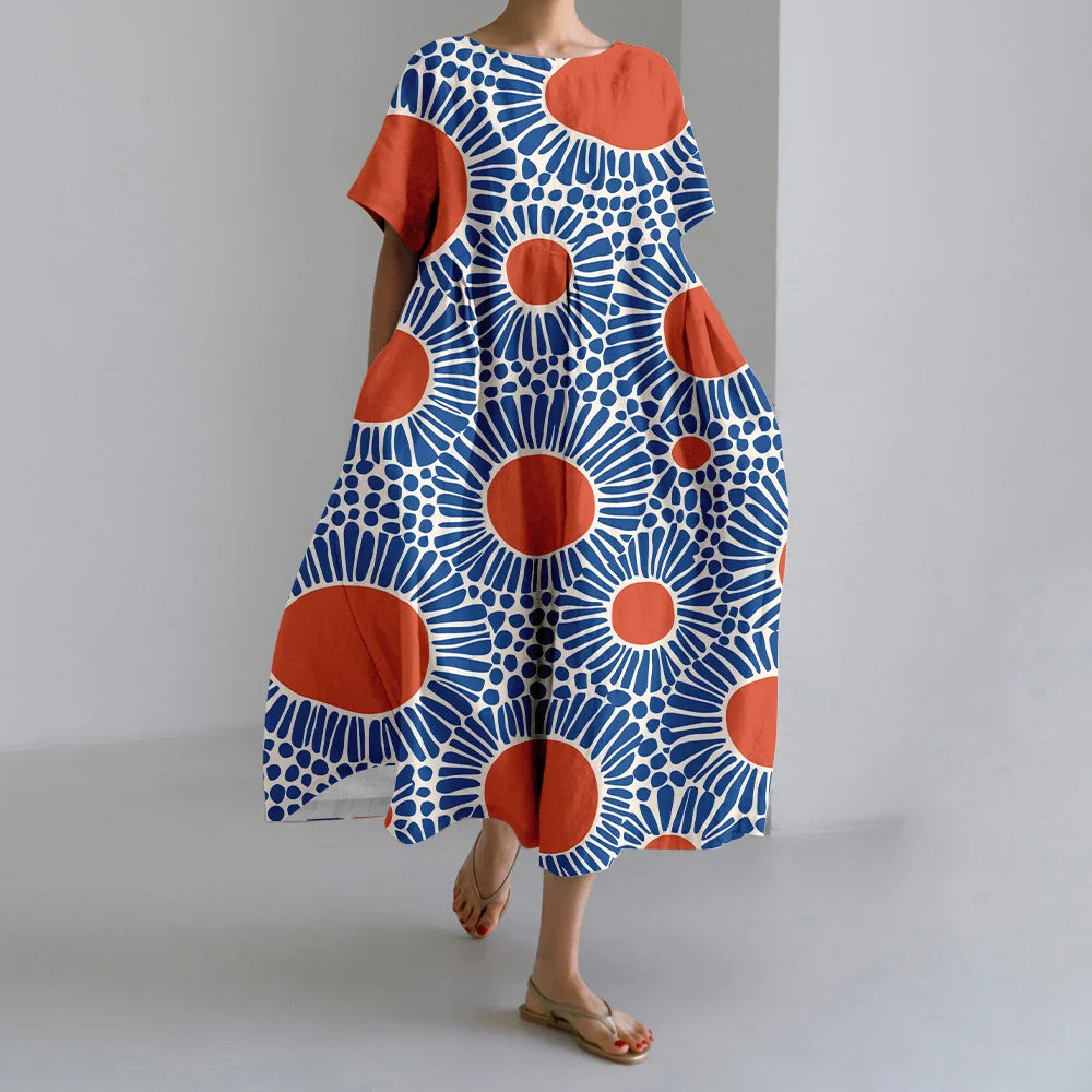LD | New Summer Women's Dresses Elegant Round Neck Short Sleeves Long Pink Dotted Irregular Printed Comfortable Midi Dresses