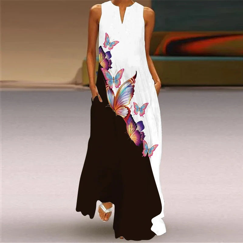 LM | 2024 New European and American Cross border Summer Long Dress Women Sleeveless V-Neck Printed Sexy