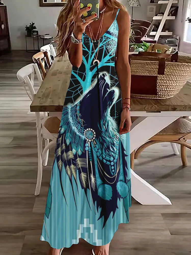 LM | 2024 New 3D Owl Vintage Print Sleeveless Vest Long Women Tribal Pattern Spaghetti Strap Dress Summer Long Loose Vest Dresses