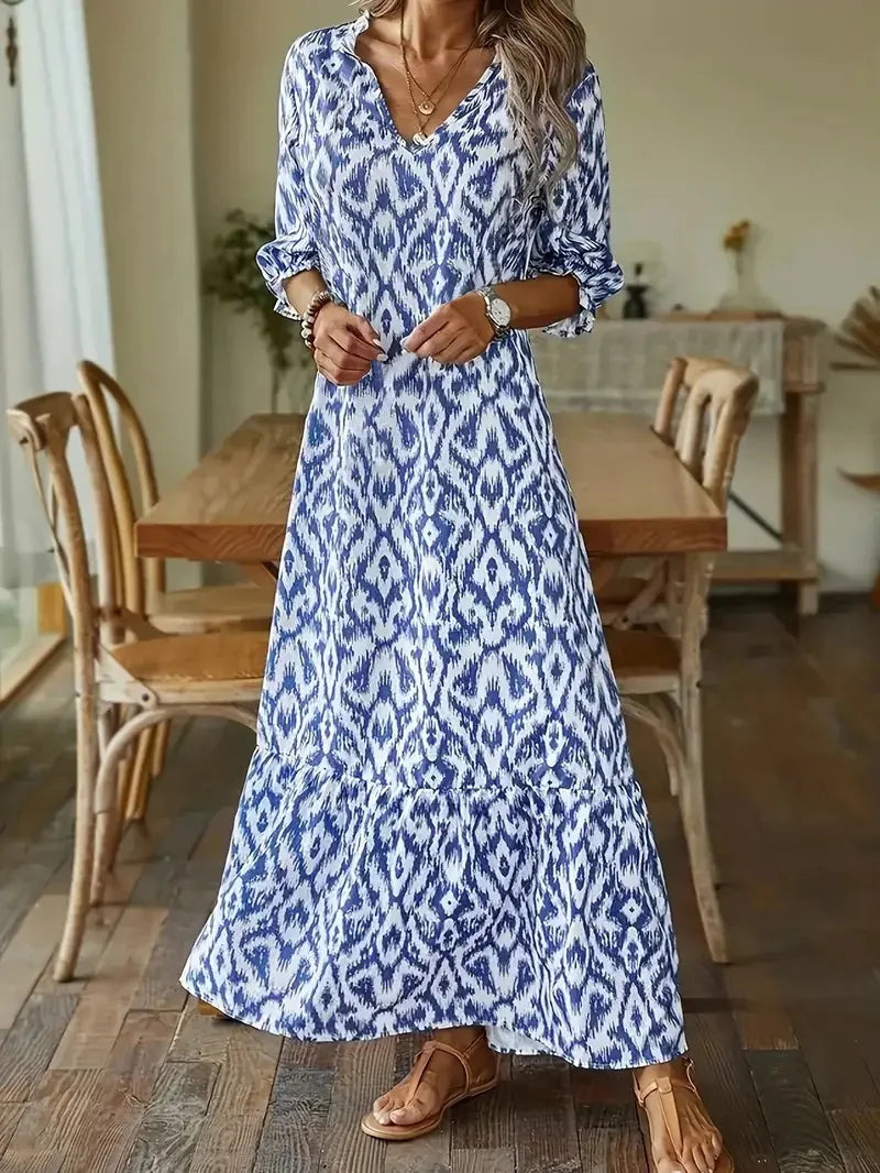 LM | 2024 European and American cross-border AliExpress fall and winter fashionista cute loose v-neck print mid-sleeved long dress