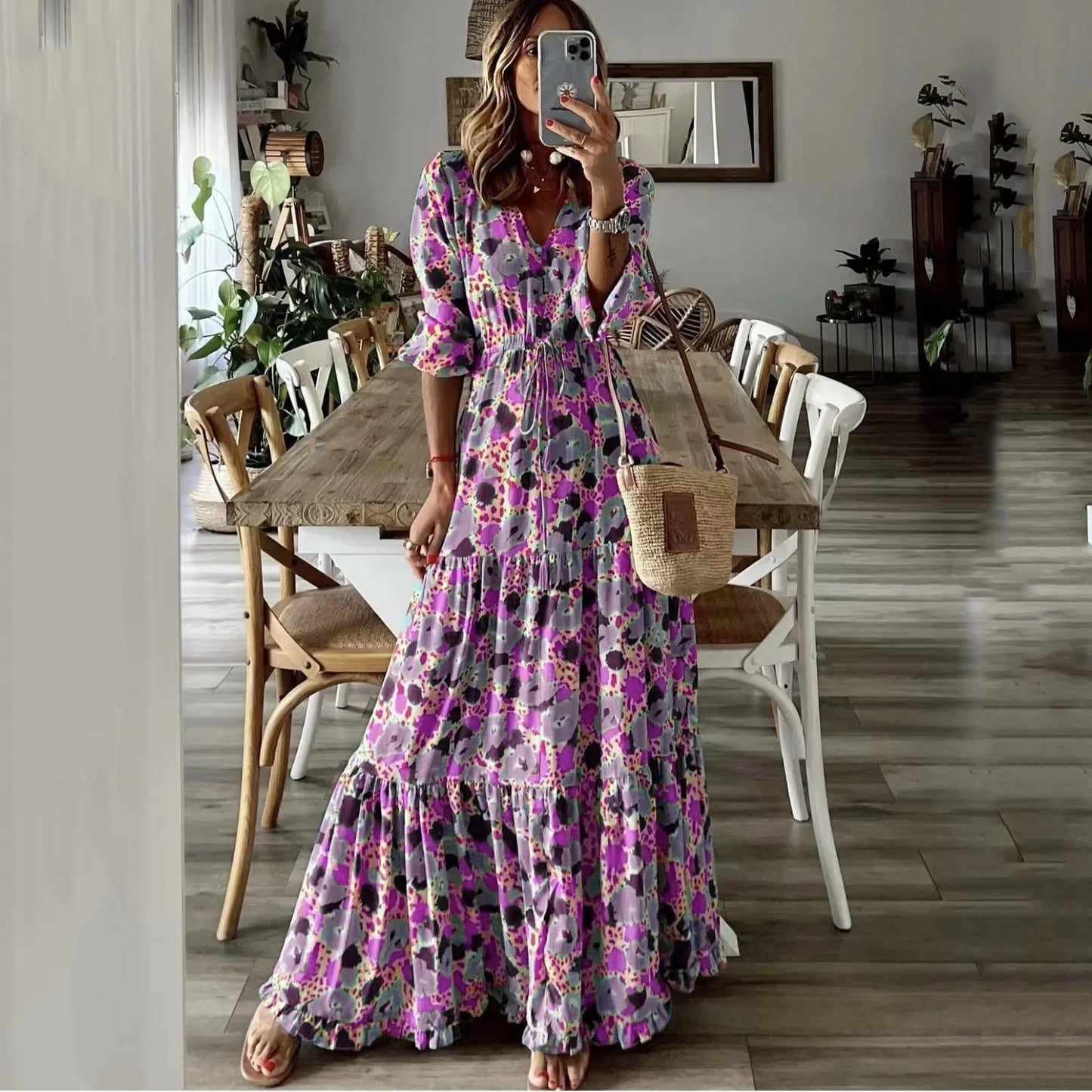 LM | 2024 summer new european and american women clothing temperament vacation v-neck printed big swing long dress