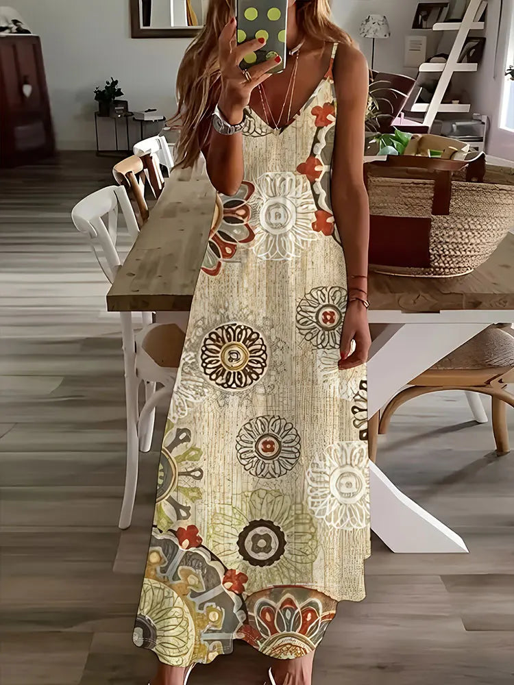 LM | 2024 New Vintage Ethnic Print Ladies Elegant Dress Summer Ladies Casual Sleeveless Dress Street Fashion Ladies Long Dress