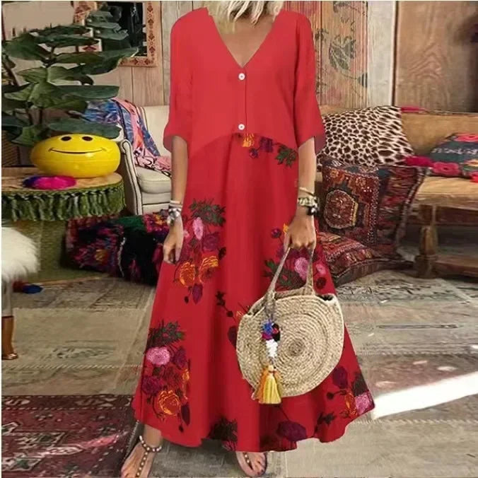 LM | 2025 Spring Oversize Women's Long Dress Print V-Neck Short Sleeve Button Loose A-Line Dresses Female Casual Elegant Women's Clothing