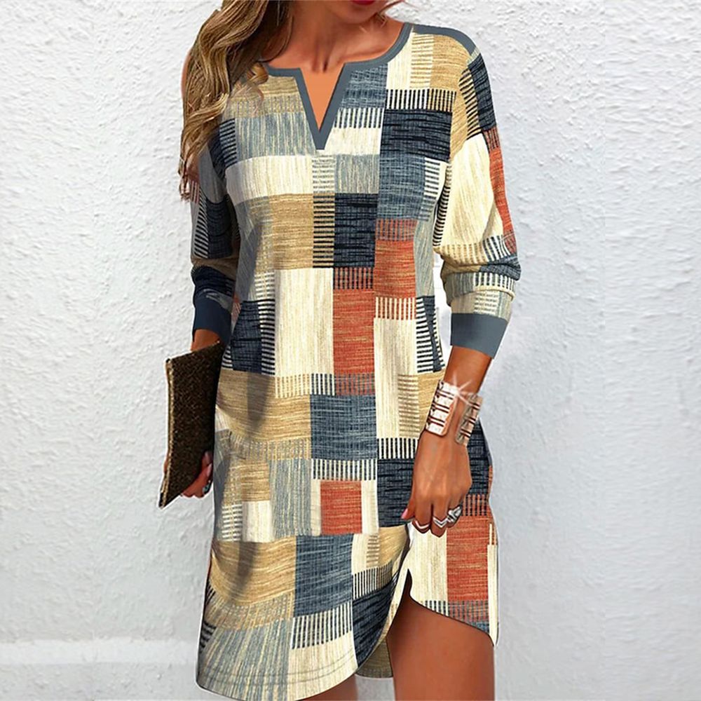 LM | Casual mini dress with V-neck and long sleeves