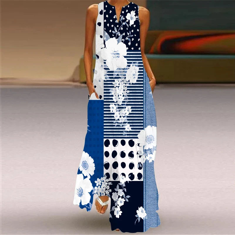 LM | 2024 New European and American Cross border Summer Long Dress Women Sleeveless V-Neck Printed Sexy