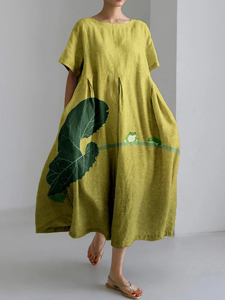 LM | 2024 New Women Round Neck Long Casual Dress Summer Large Size Fresh Fish Print Dress Street Vacation Short Sleeve Dress