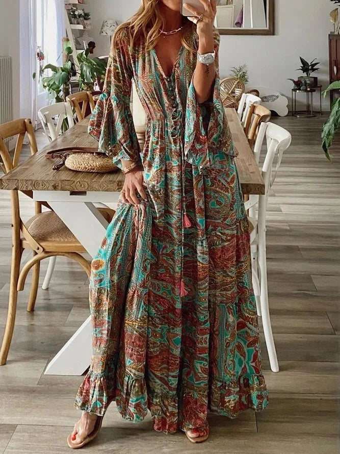 LM | 2023Cross border bohemian style flared sleeves printed v-neck high waisted vacation dress with floral floral dress for women