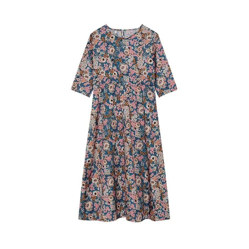 LM | 2024 Borderline Spring and Summer Printed Round Neck Covered Head Mid Sleeves Loose Casual Bag in a Long Dress
