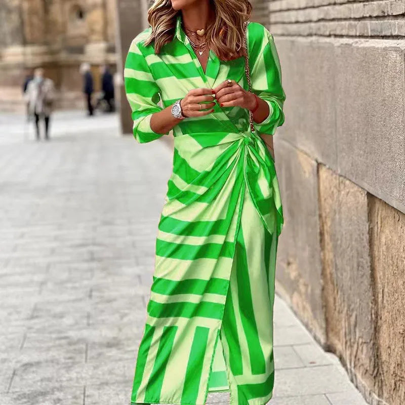 LM | 2024 AliExpress European and American cross-border new fashion printed shirt collar lace-up midi striped dress