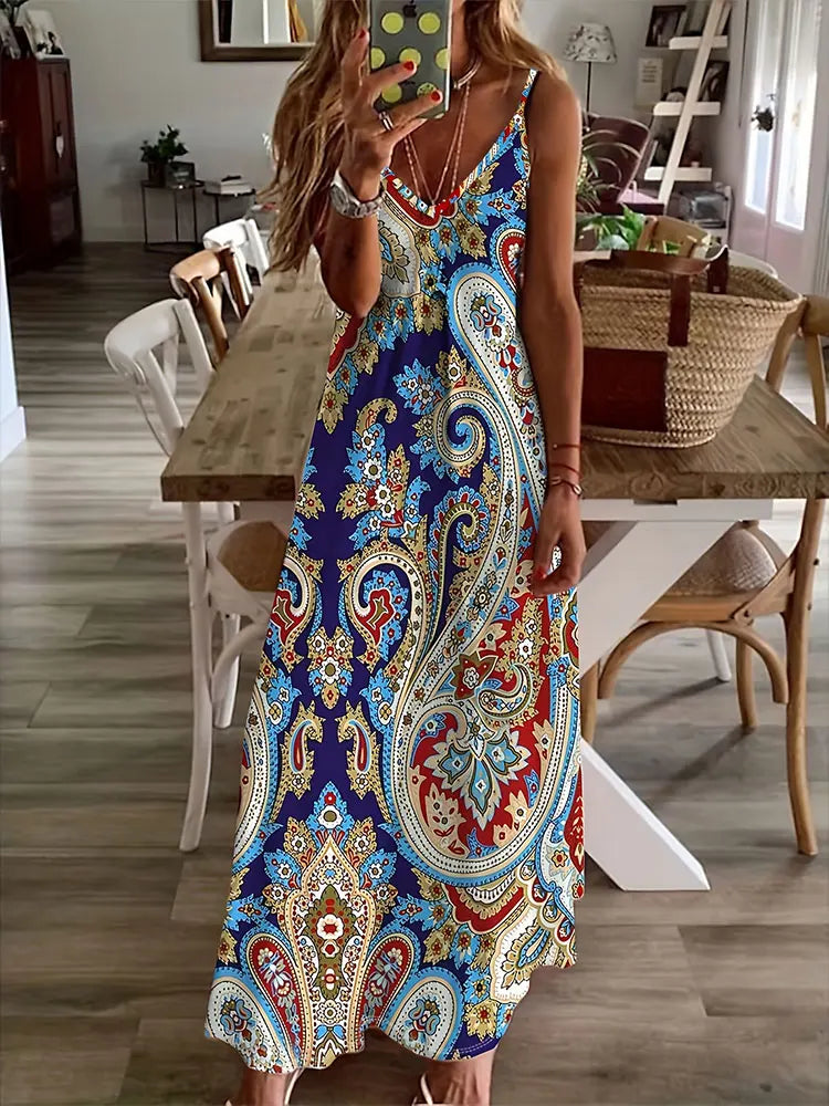 LM | 2024 New Vintage Ethnic Print Ladies Elegant Dress Summer Ladies Casual Sleeveless Dress Street Fashion Ladies Long Dress