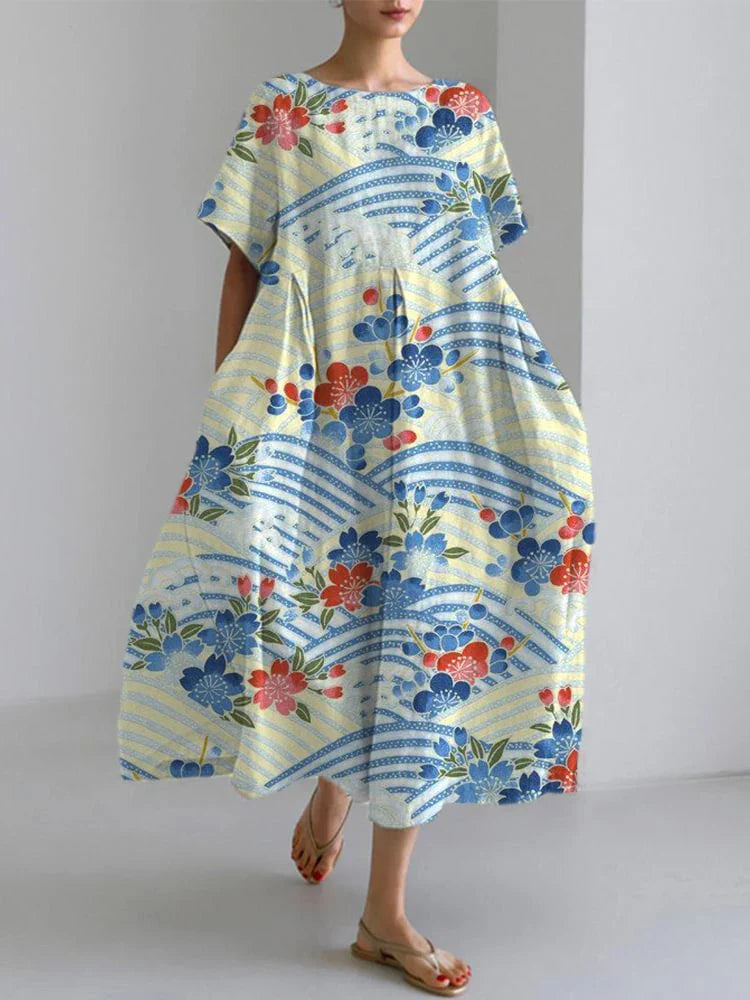 LM | 2024 New Women Round Neck Long Casual Dress Summer Large Size Fresh Fish Print Dress Street Vacation Short Sleeve Dress