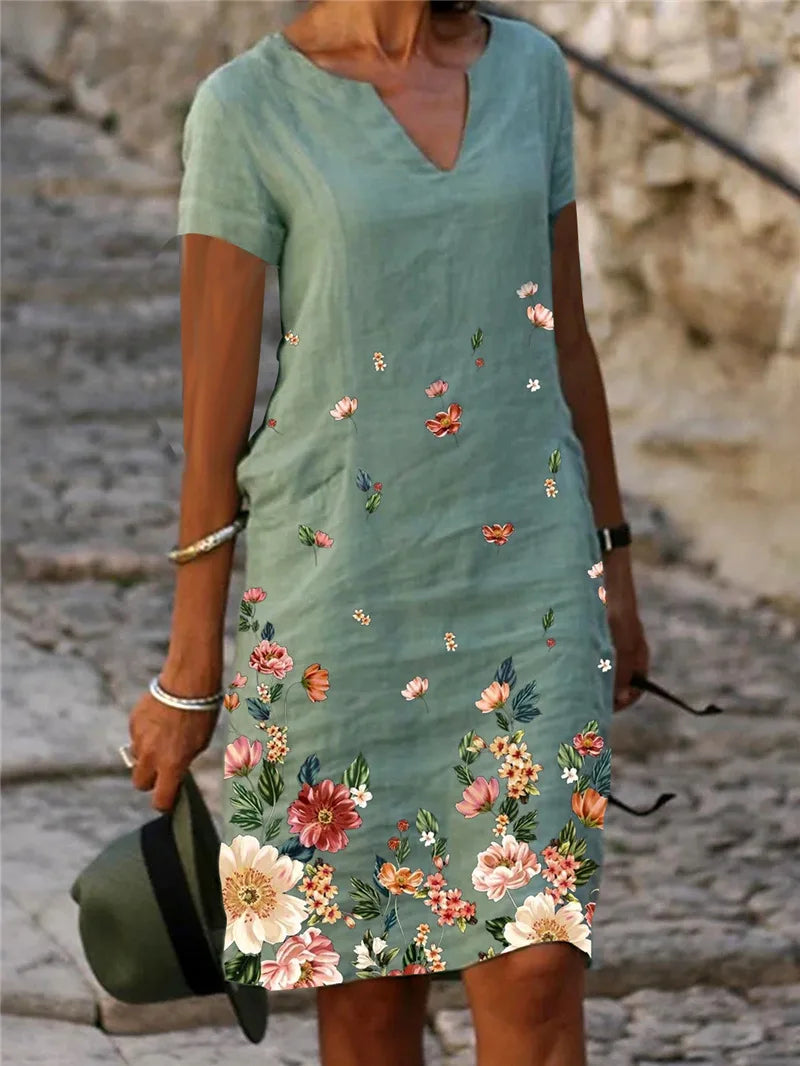 LM | 2024 Summer Elegant Women Dress Oversize Printed V-Neck Dresses Female Spring Trendy Beach Fashion Casual Loose Clothes Ladies