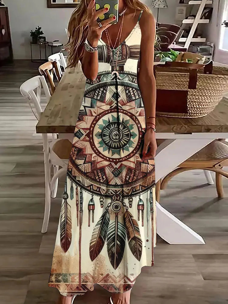 LM | 2024 New 3D Owl Vintage Print Sleeveless Vest Long Women Tribal Pattern Spaghetti Strap Dress Summer Long Loose Vest Dresses