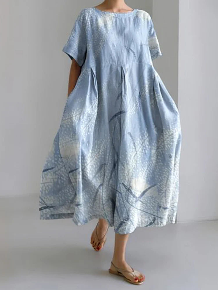 LM | 2024 New Women Round Neck Long Casual Dress Summer Large Size Fresh Fish Print Dress Street Vacation Short Sleeve Dress