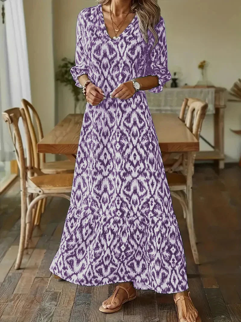 LM | 2024 European and American cross-border AliExpress fall and winter fashionista cute loose v-neck print mid-sleeved long dress