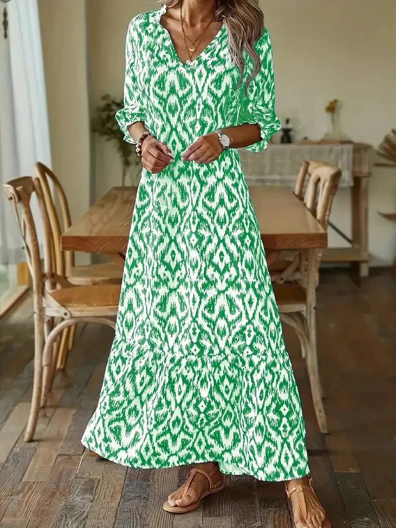 LM | 2024 European and American cross-border AliExpress fall and winter fashionista cute loose v-neck print mid-sleeved long dress