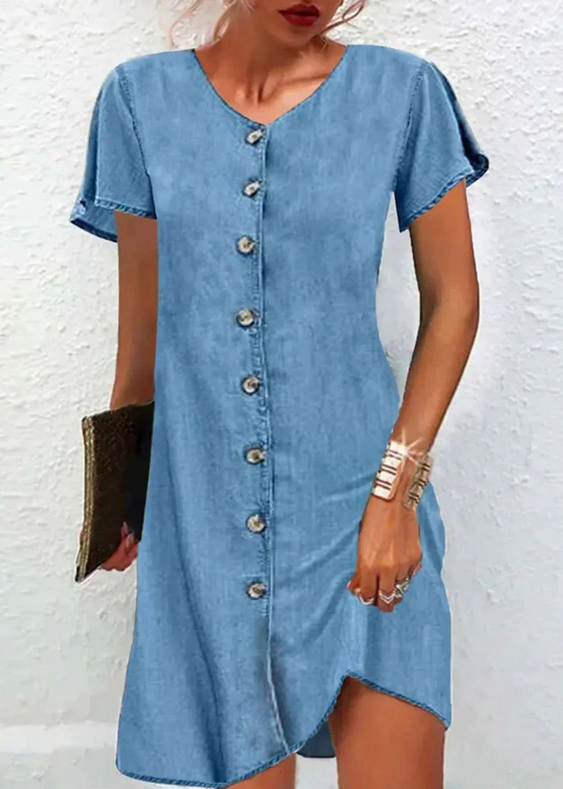 TS | Simple blue V-neck button patchwork denim midi dress with short sleeves