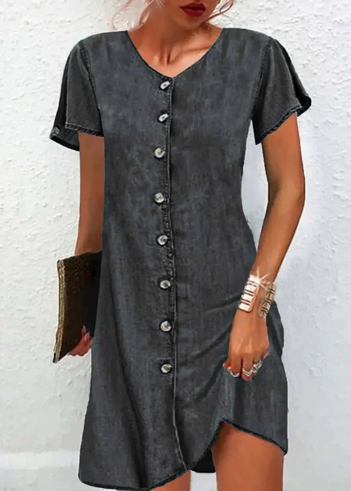 TS | Simple blue V-neck button patchwork denim midi dress with short sleeves