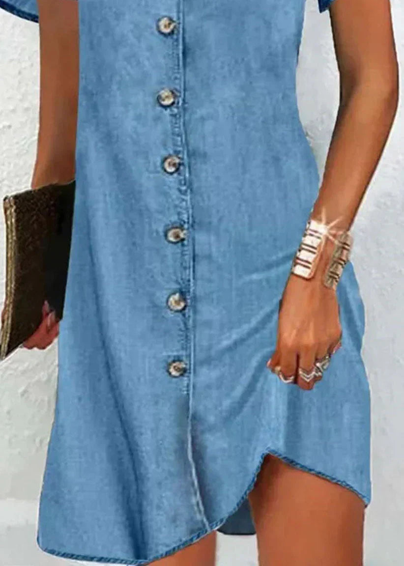 TS | Simple blue V-neck button patchwork denim midi dress with short sleeves
