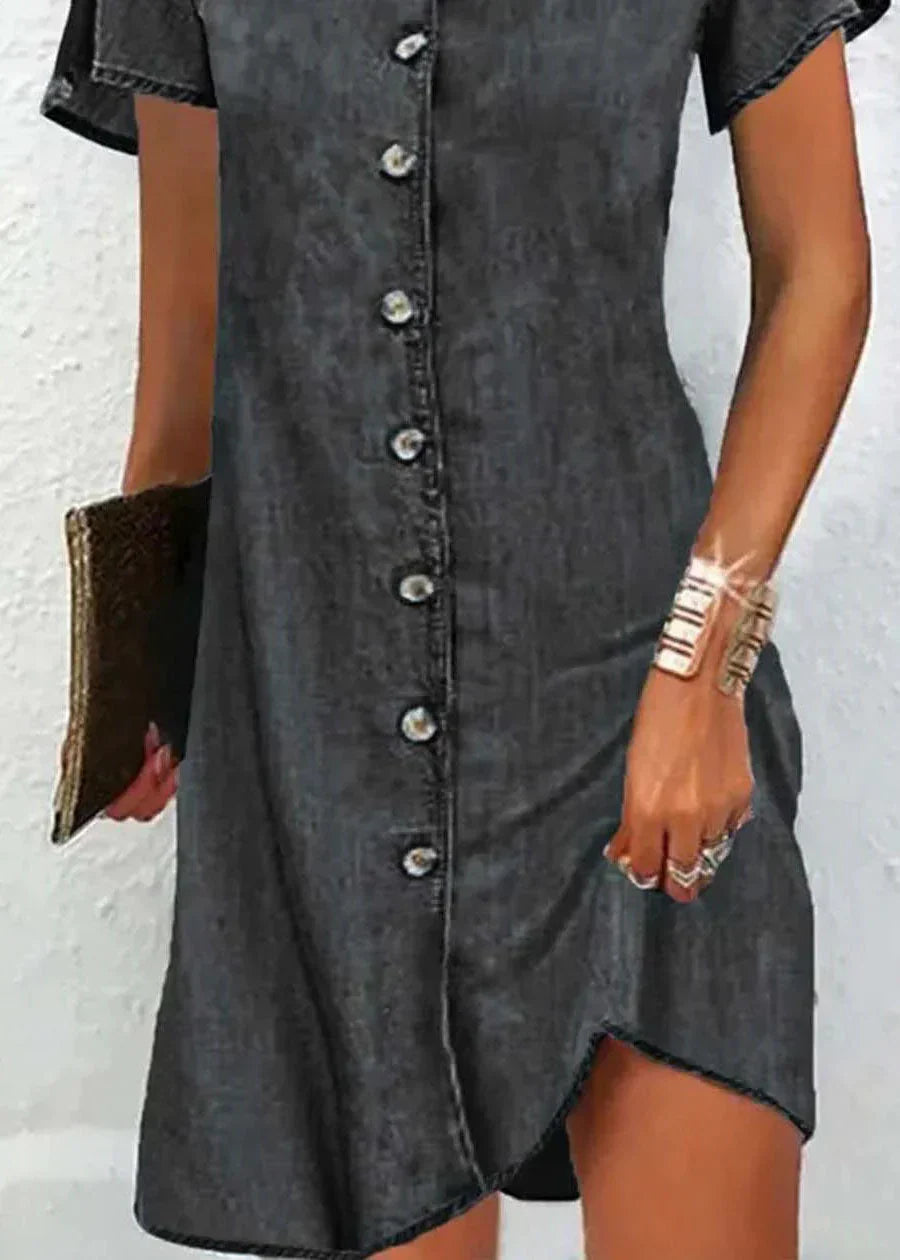 TS | Simple blue V-neck button patchwork denim midi dress with short sleeves