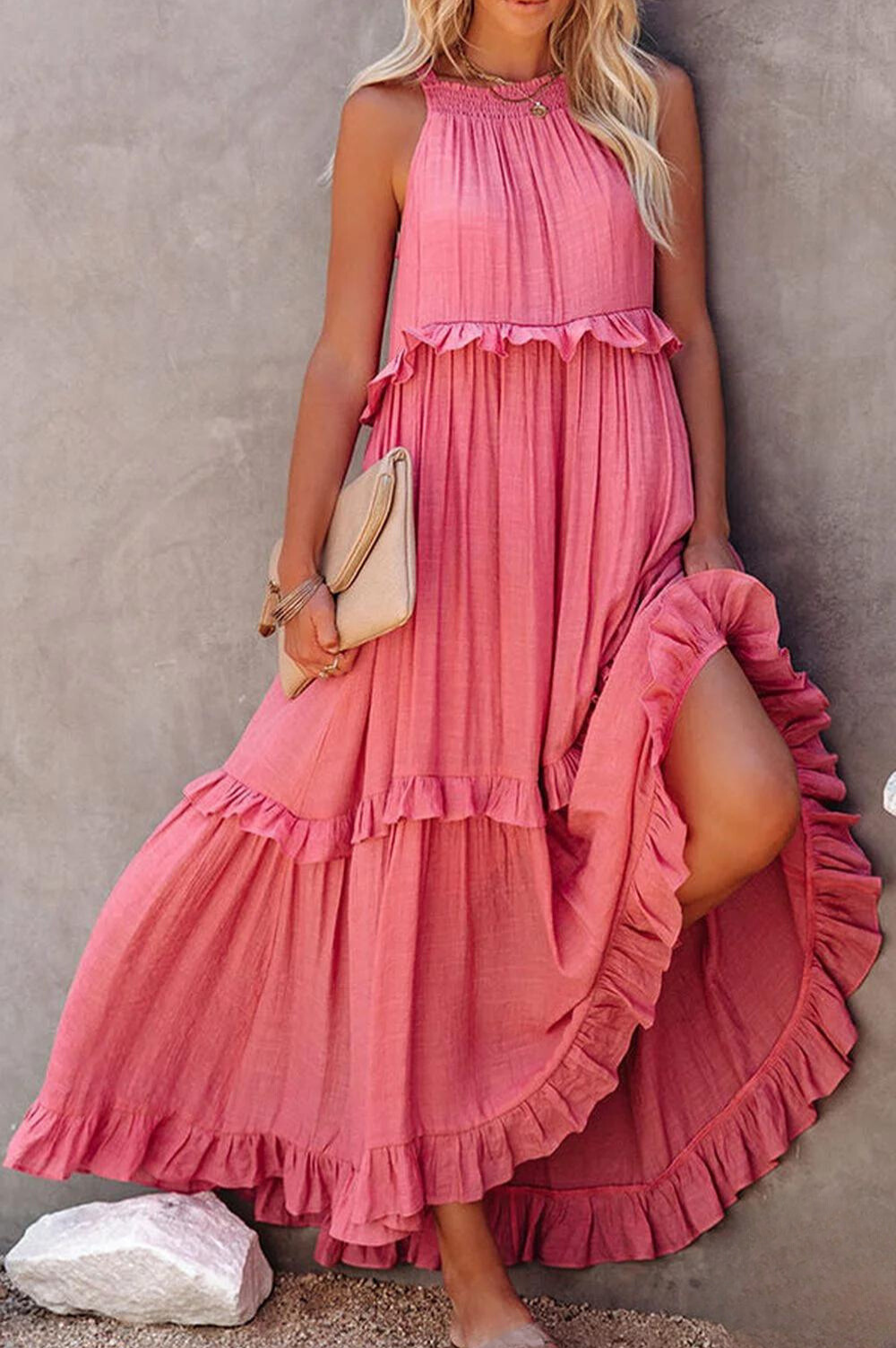 TS | Long Vittoria dress with halterneck and flounces