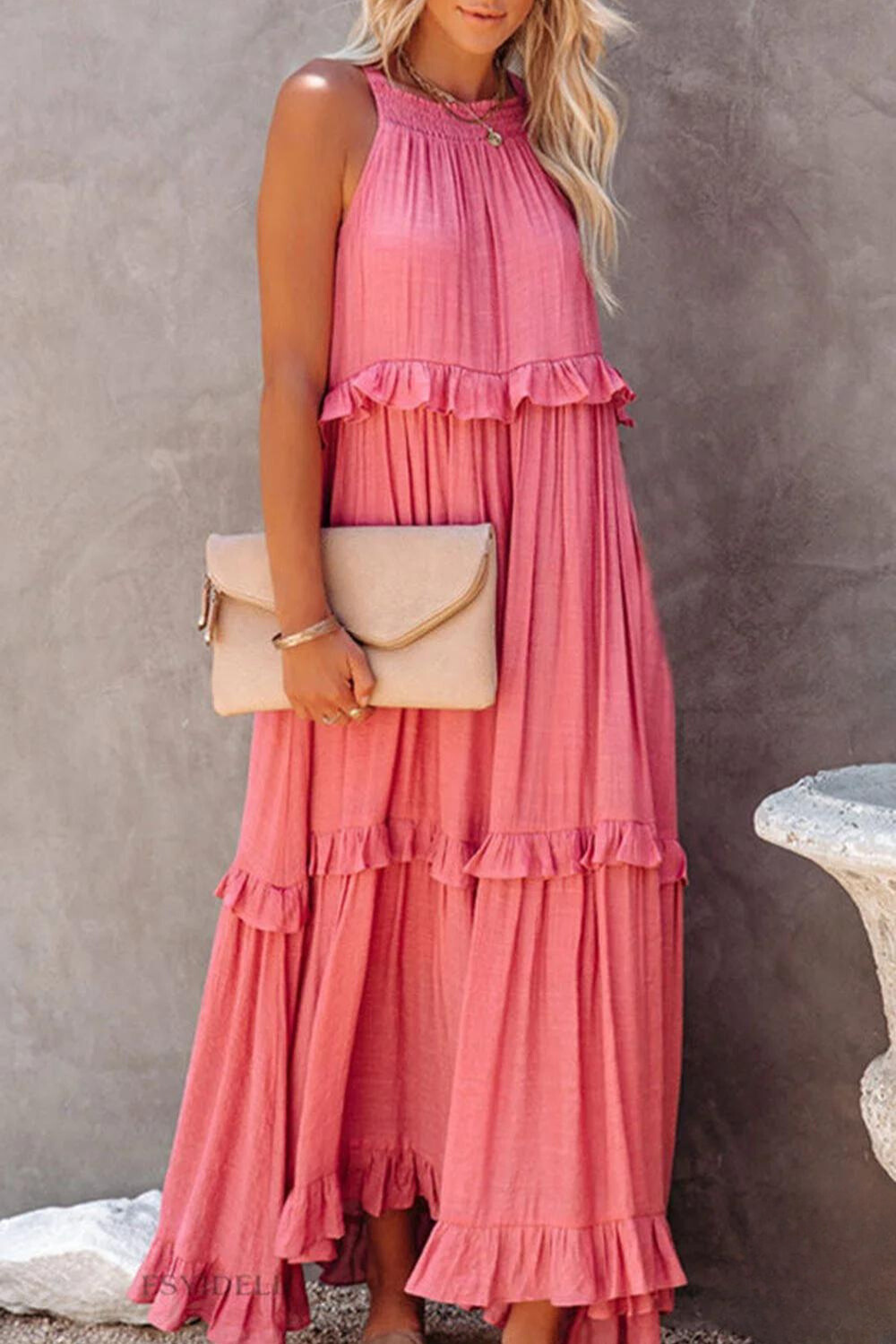 TS | Long Vittoria dress with halterneck and flounces