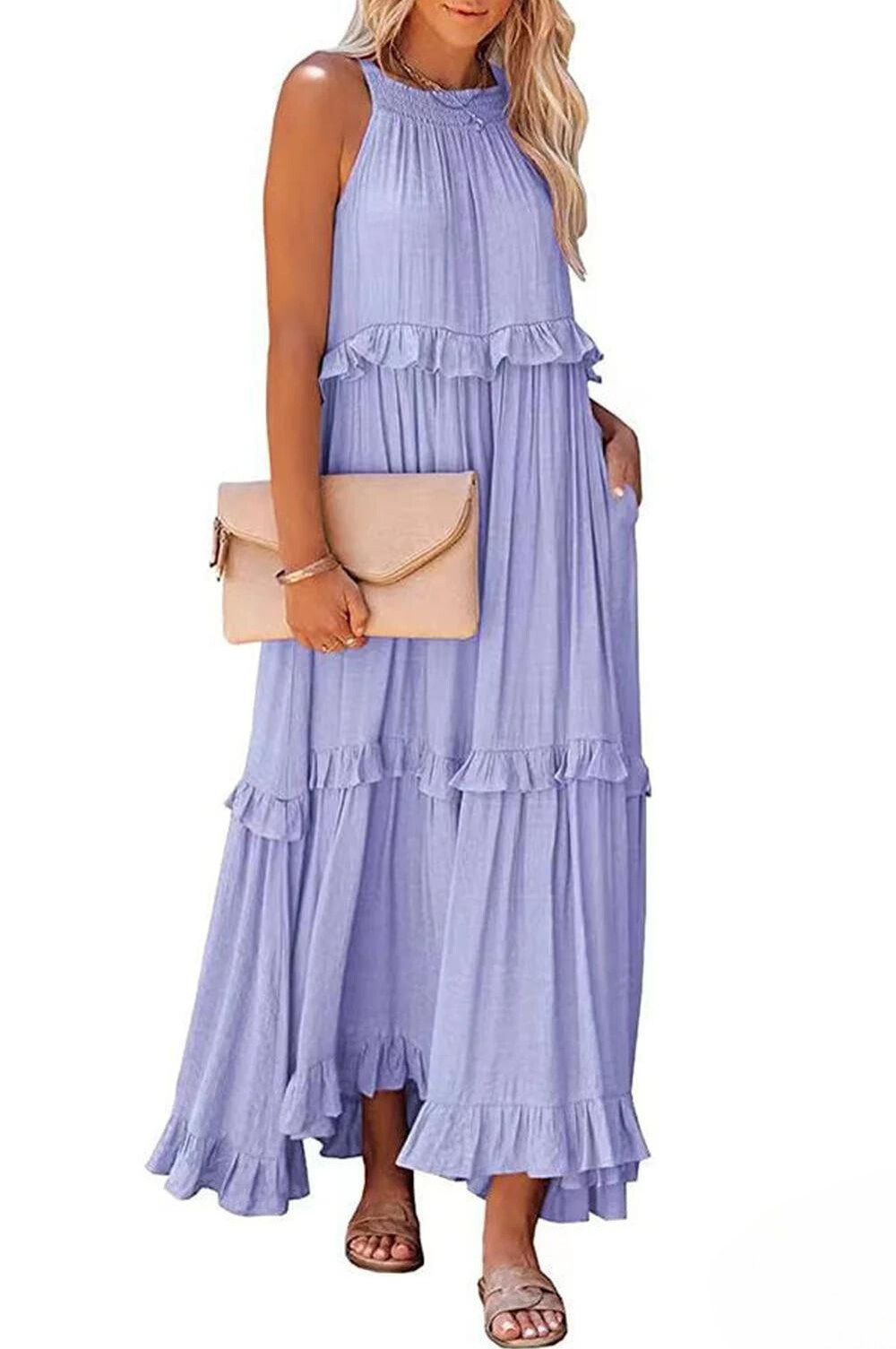 TS | Long Vittoria dress with halterneck and flounces