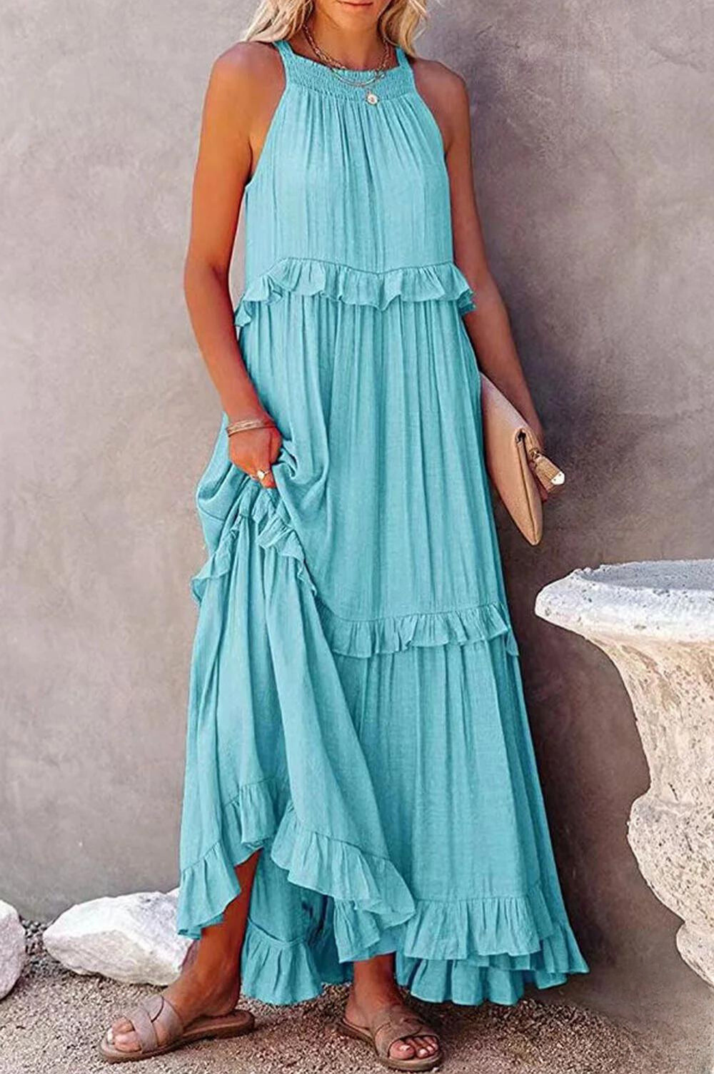 TS | Long Vittoria dress with halterneck and flounces