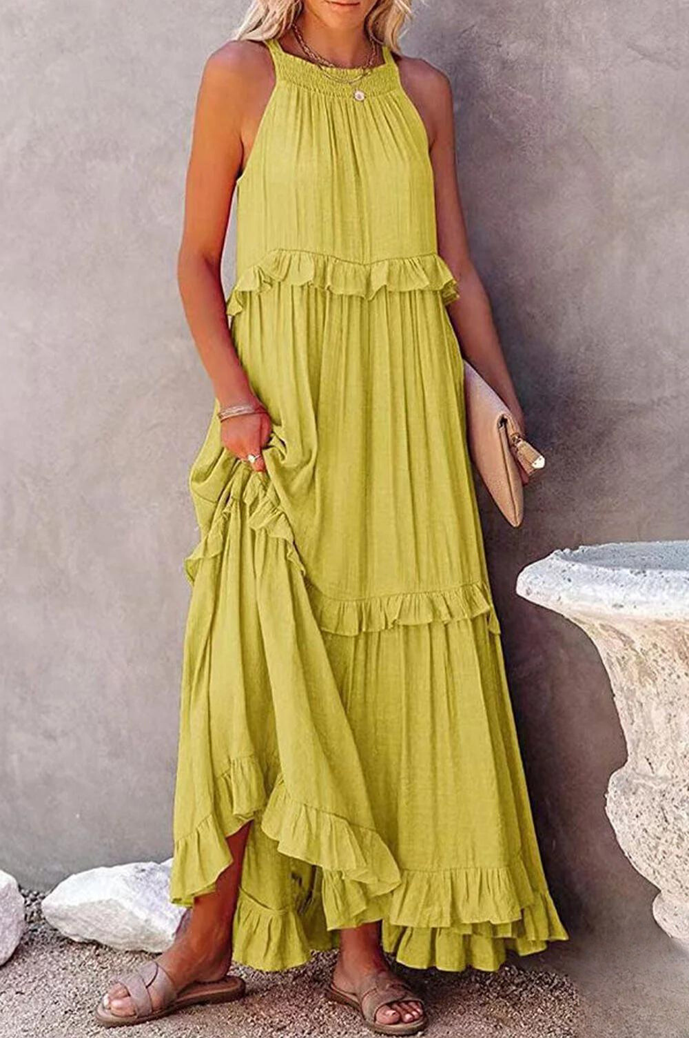TS | Long Vittoria dress with halterneck and flounces