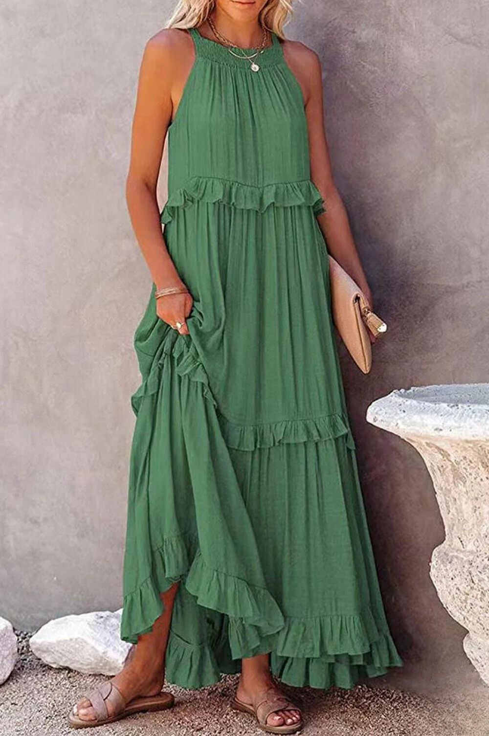 TS | Long Vittoria dress with halterneck and flounces