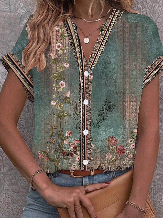 TS | Green vintage watercolor blouse with floral print