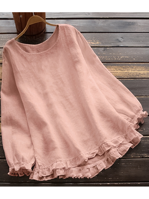 TS | O-Neck Solid Long Sleeve Ruffle Linen Tops