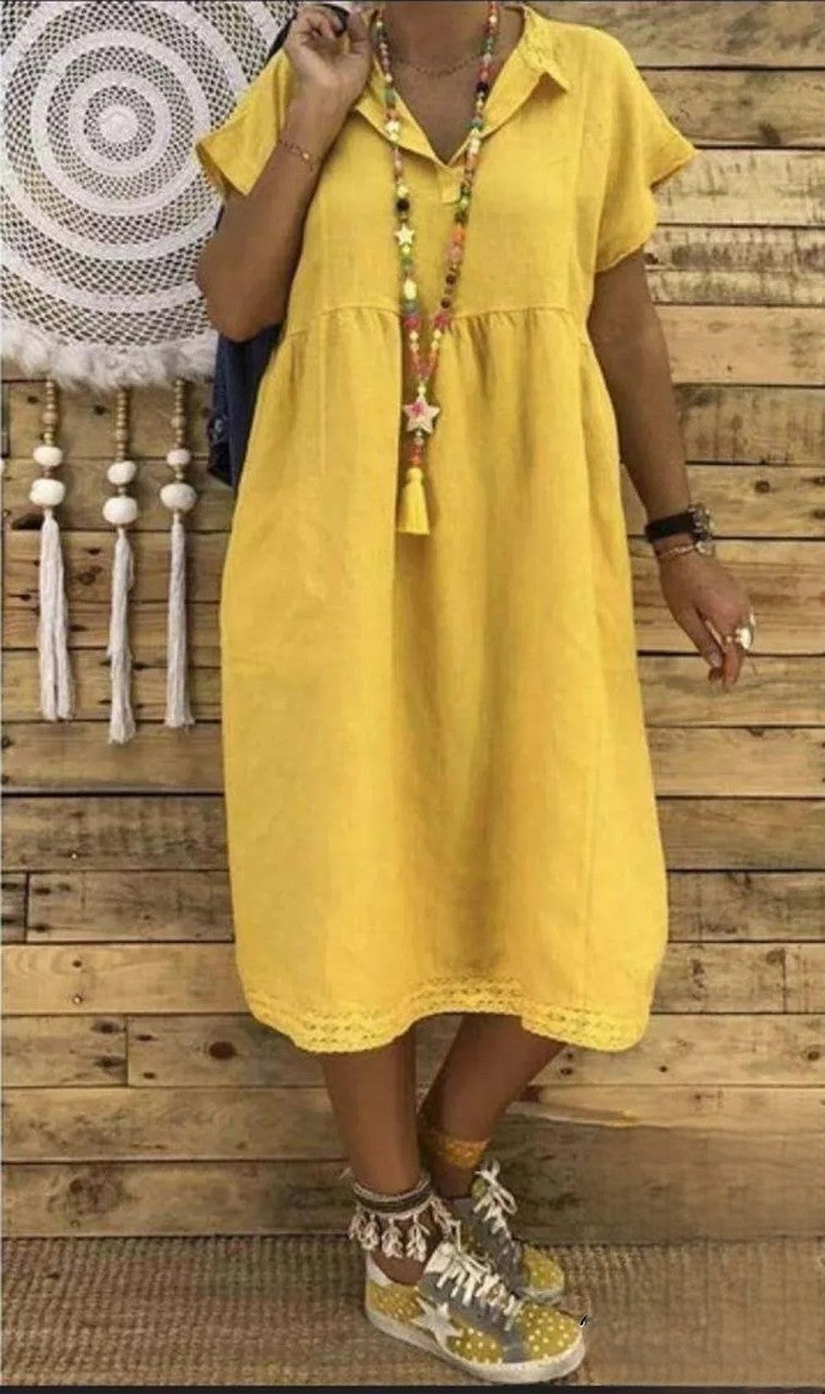 TS | Short-sleeved midi dress in cotton and linen, plus sizes for women