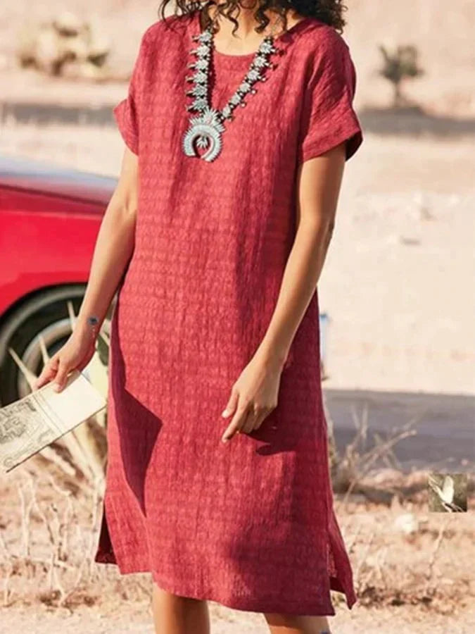 LM | Midi summer dress with a round neckline and short sleeves