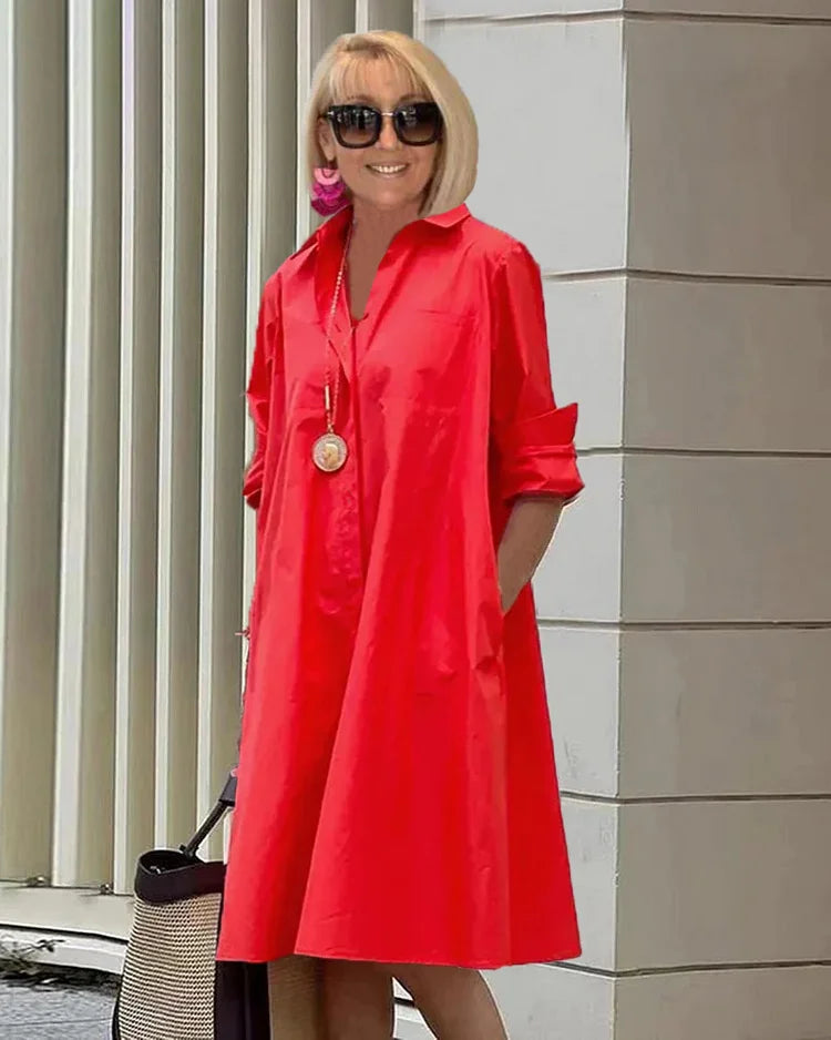 TS | Spring/Summer New Fashion Type Temperamental Shirt Collar Long Sleeve Pocket Half Length Dress