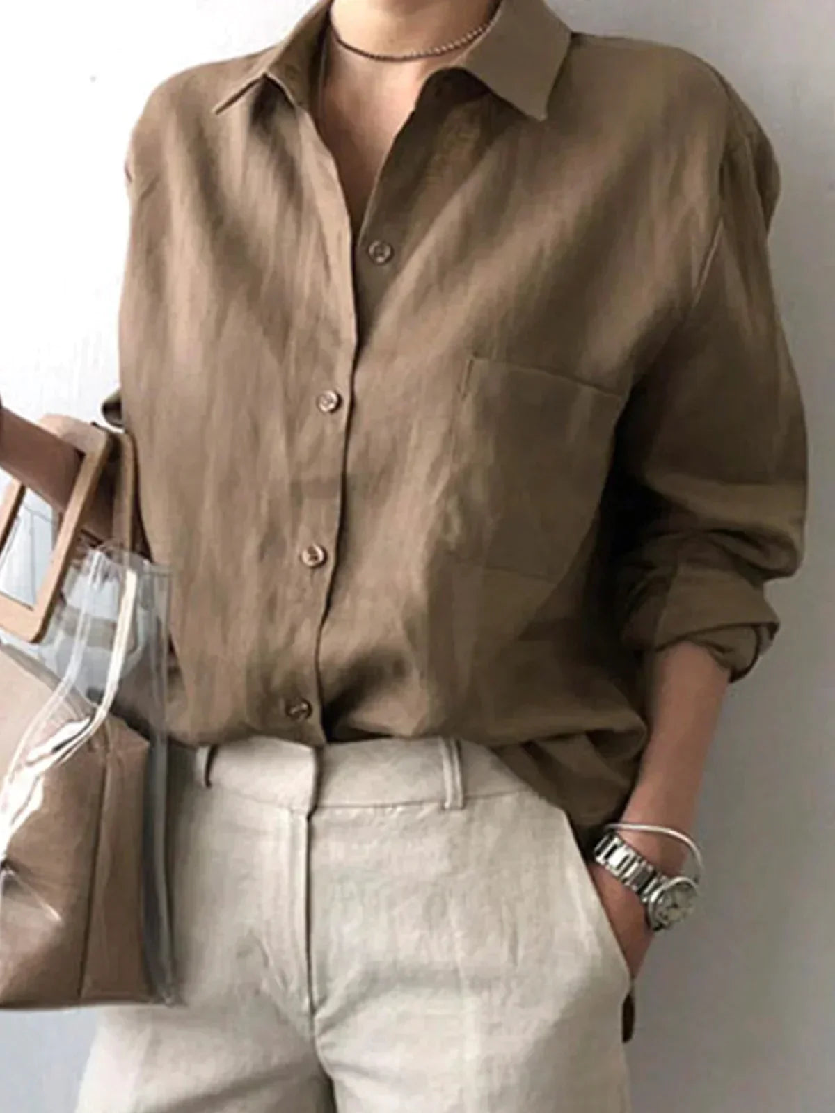 LM ladies cotton shirt spring loose plain shirt collar casual blouse