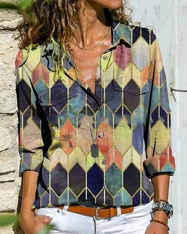 LM color block casual collar long sleeves blouses