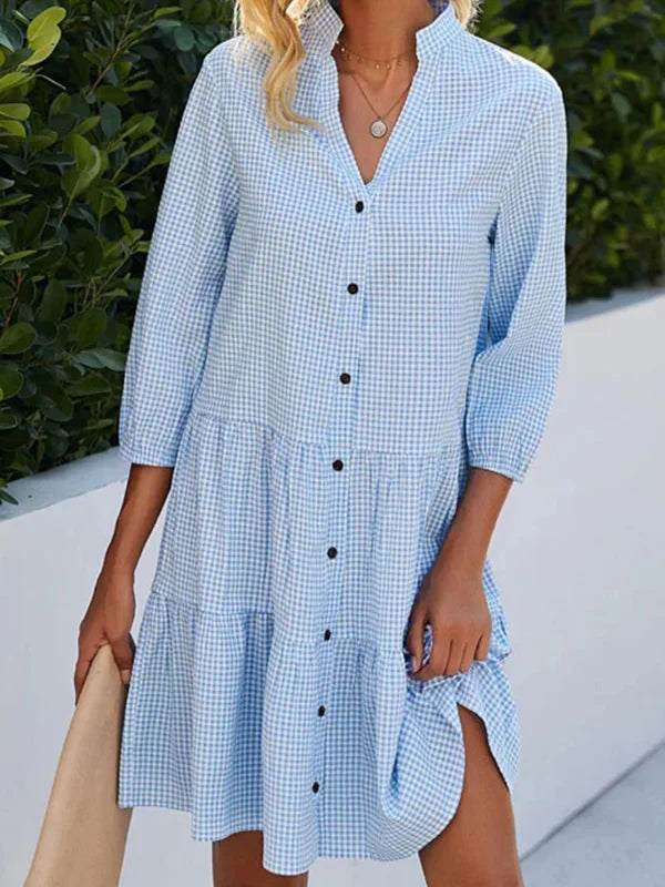 TS | Loose-fitting shirt dress in A-line, checked, with split neckline, halterneck and button fastening