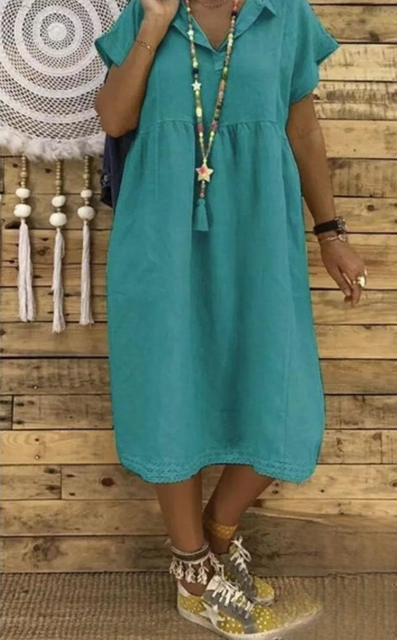 TS | Short-sleeved midi dress in cotton and linen, plus sizes for women