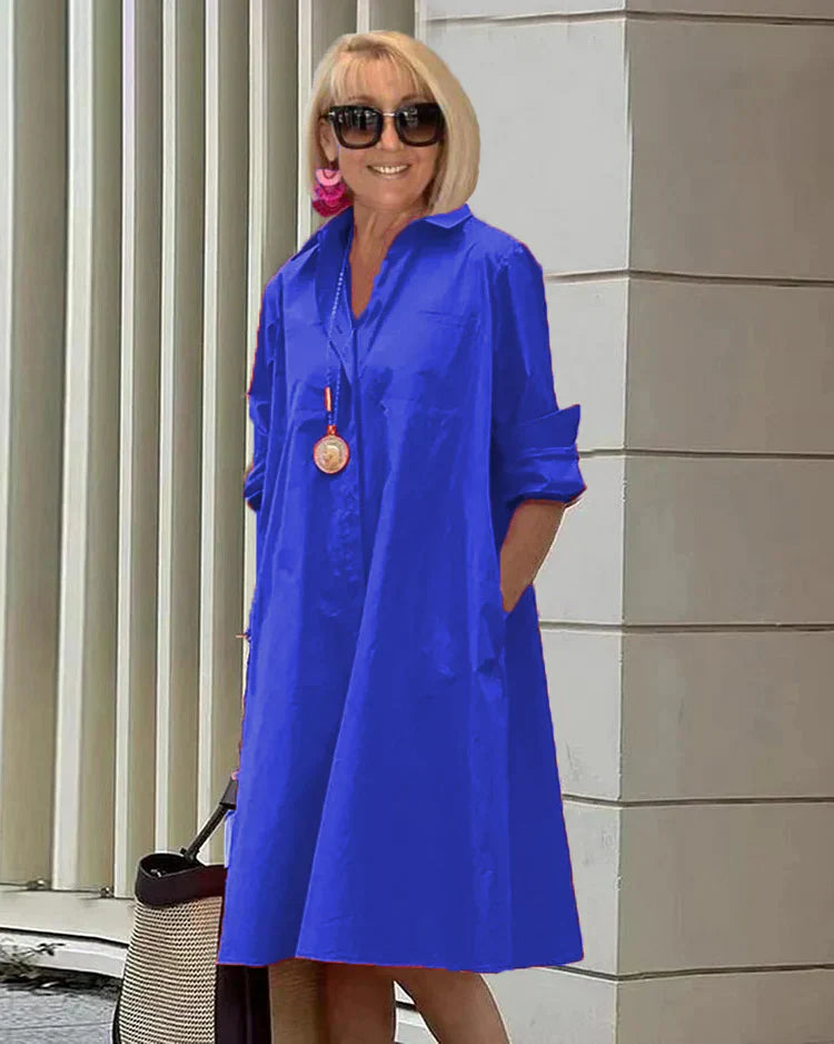 TS | Spring/Summer New Fashion Type Temperamental Shirt Collar Long Sleeve Pocket Half Length Dress