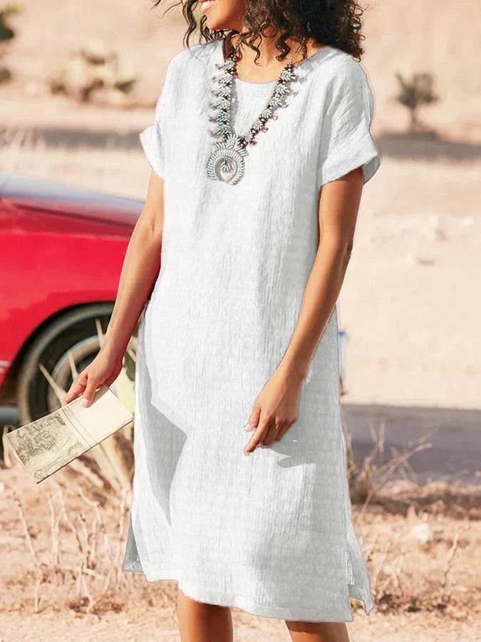 LM | Midi summer dress with a round neckline and short sleeves