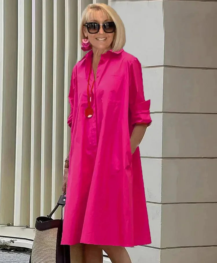 TS | Spring/Summer New Fashion Type Temperamental Shirt Collar Long Sleeve Pocket Half Length Dress