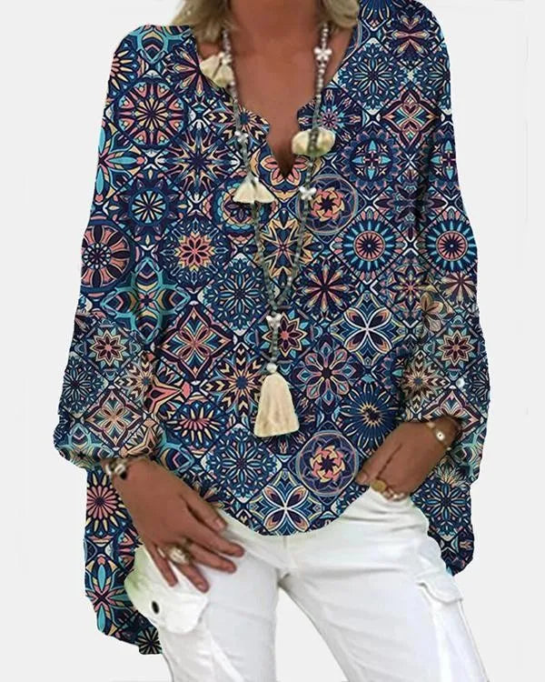 LM Geometric printed long sleeve V-neck casual blouse for women